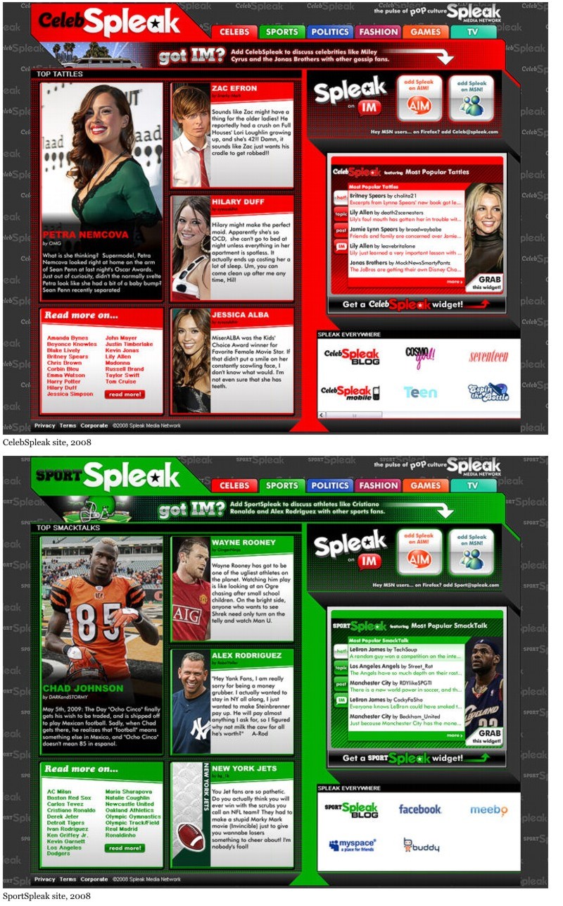 Spleak Media Network sites, 2008
