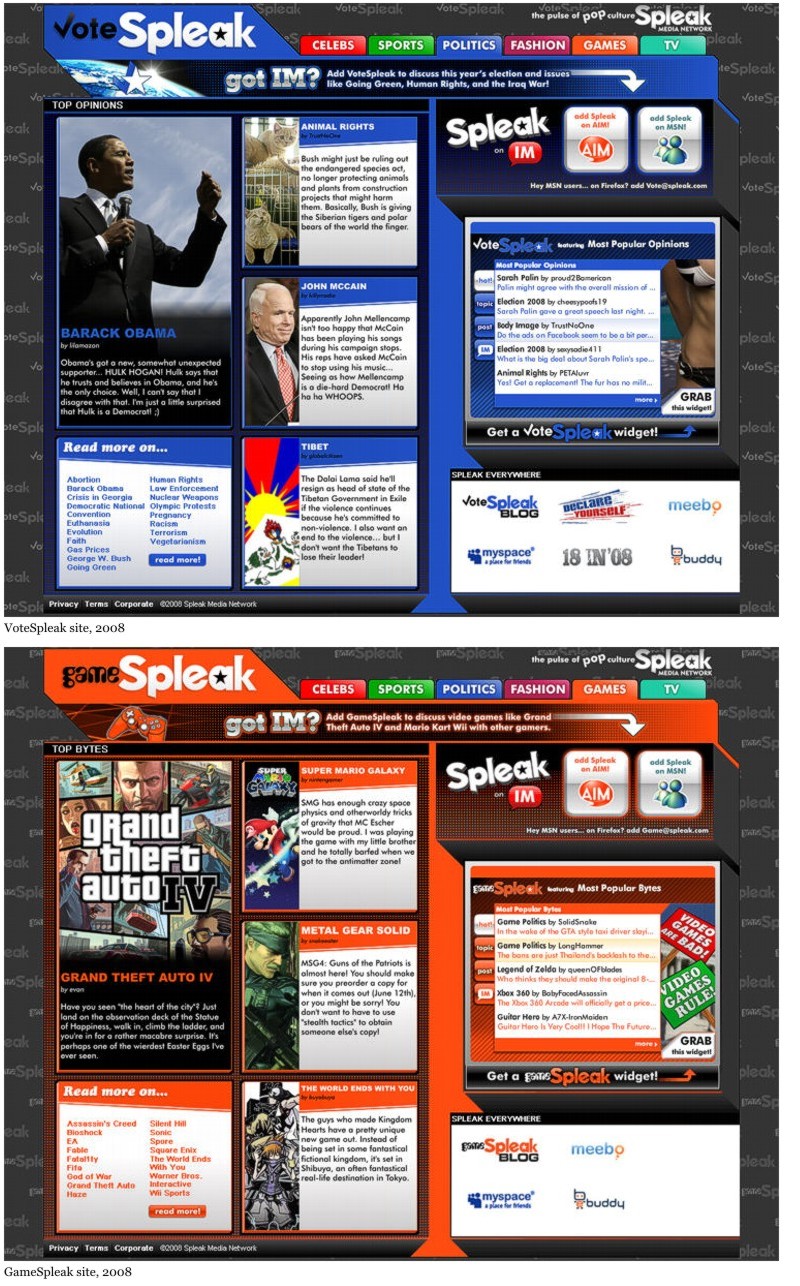 Spleak Media Network sites, 2008