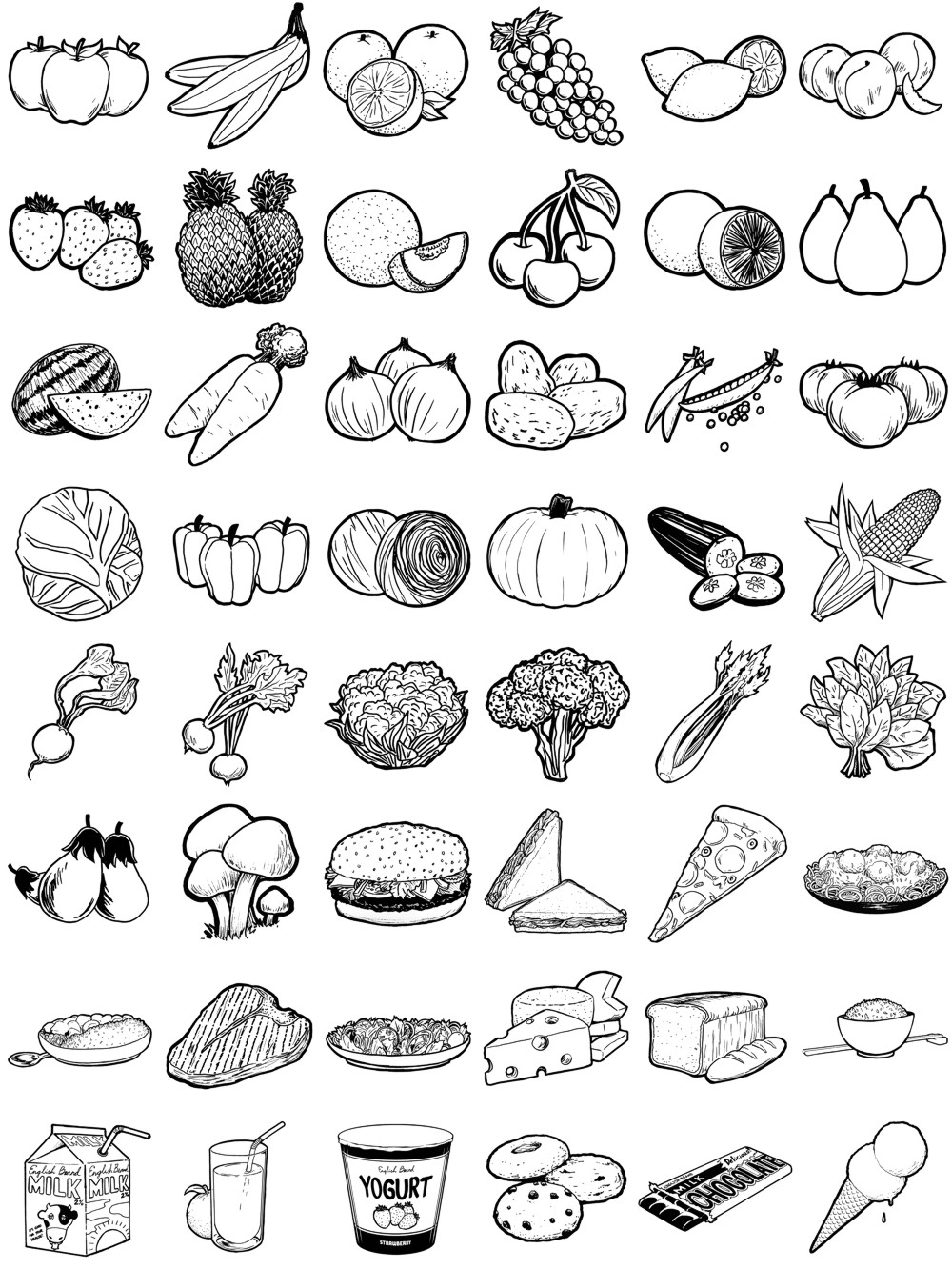 Hello English Picture Dictionary: food (black & white)